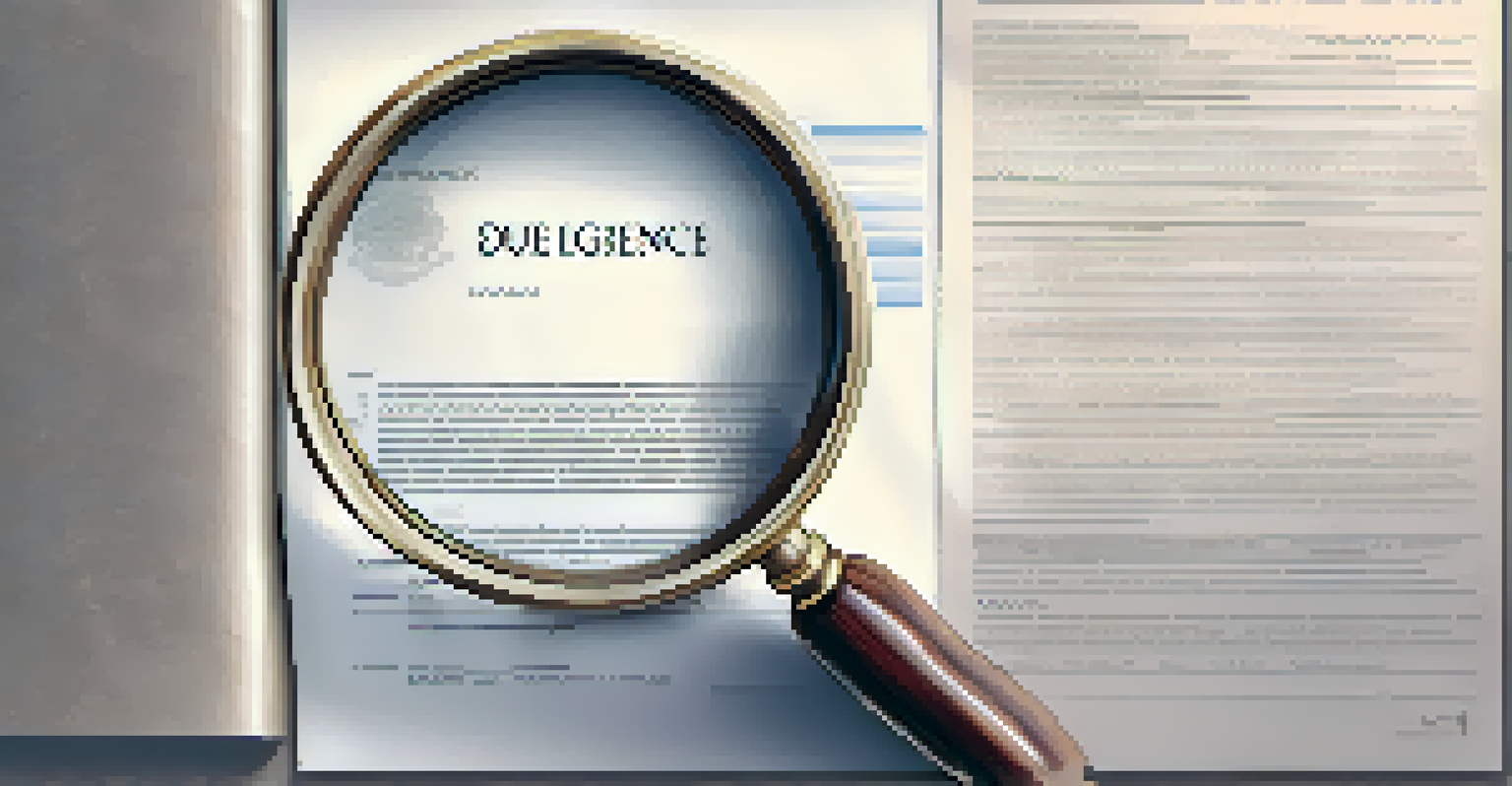 A magnifying glass over a contract with 'Due Diligence' highlighted, set against a soft gradient background.