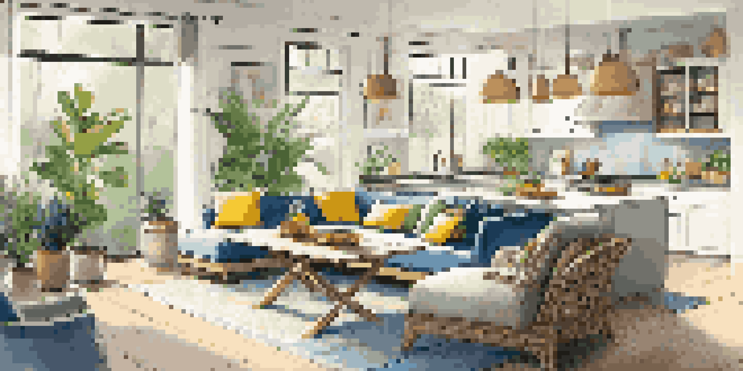 A bright and airy open-concept living space with a kitchen, dining area, and living room, showcasing a cozy sofa, a dining table, and indoor plants.
