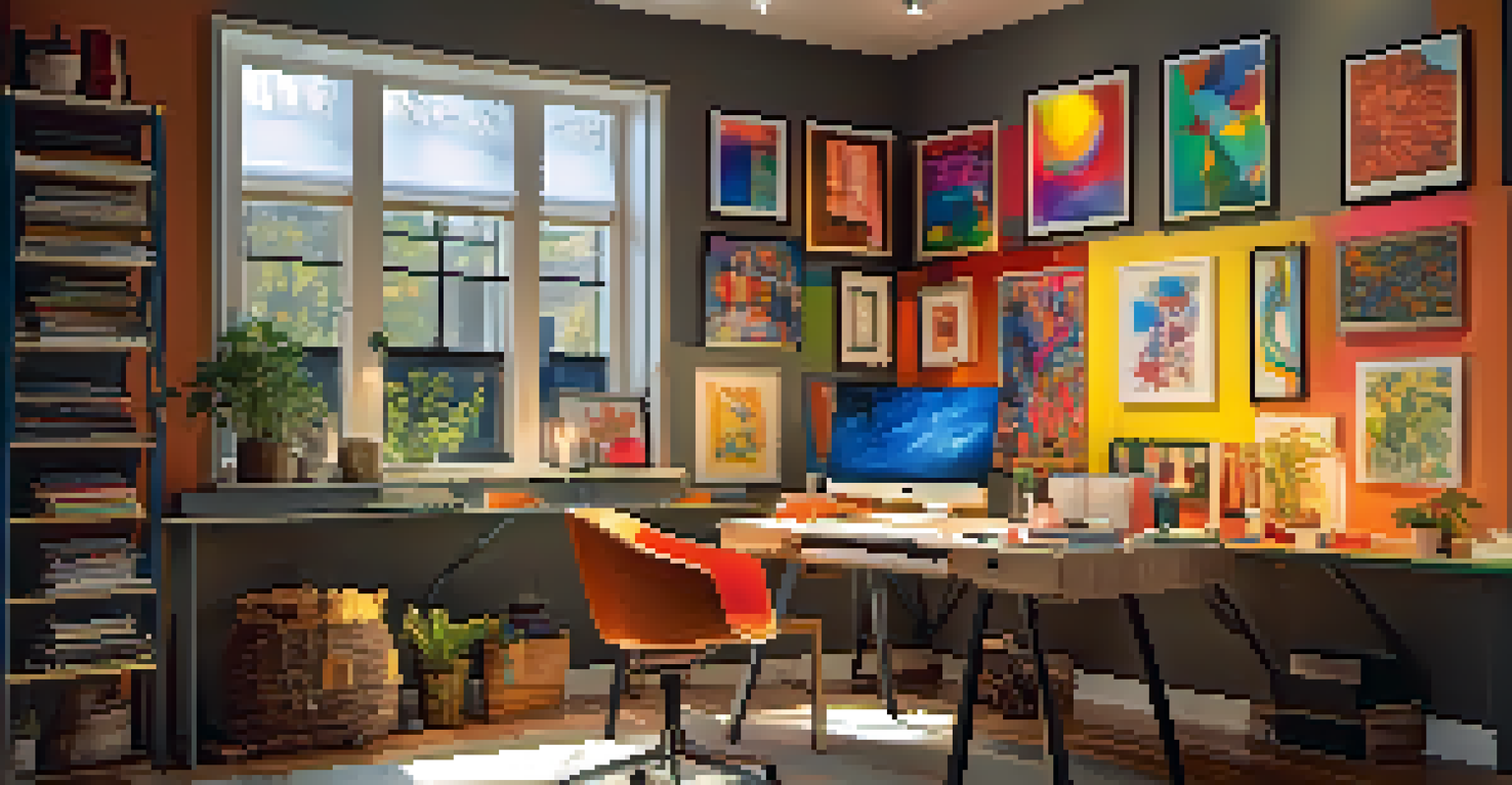 An artistic small art studio showcasing layered lighting with ceiling lights, a desk lamp, and spotlights highlighting colorful artworks.