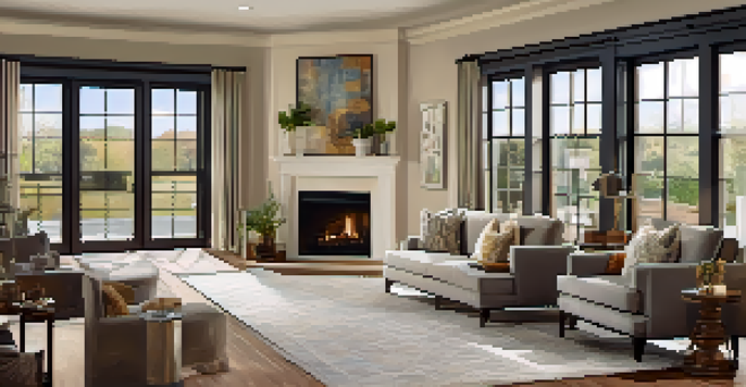 An accessible home interior with wide doorways, open spaces, and large windows letting in natural light. The room is decorated with modern furniture and slip-resistant flooring, showcasing a warm color palette.