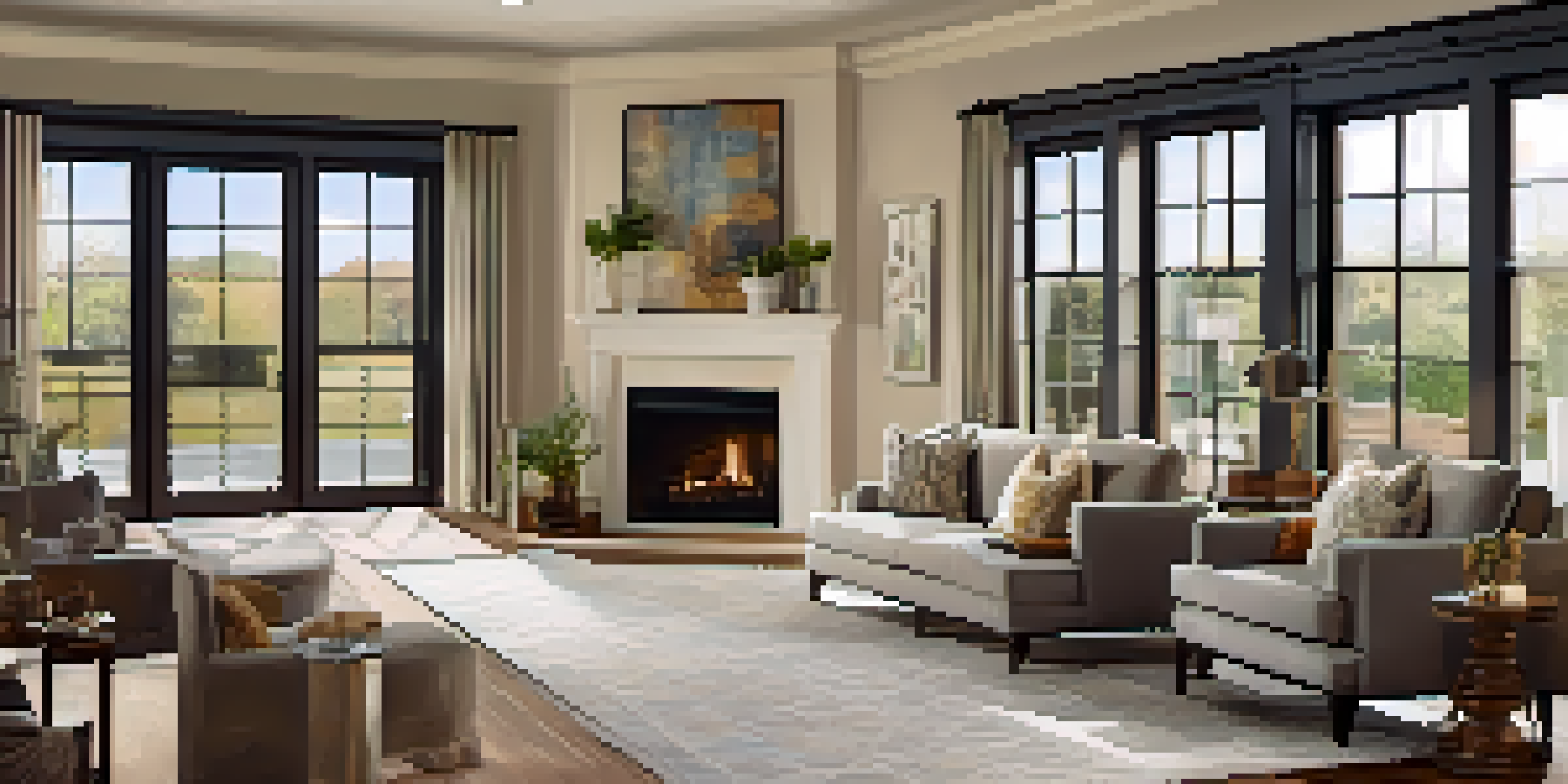 An accessible home interior with wide doorways, open spaces, and large windows letting in natural light. The room is decorated with modern furniture and slip-resistant flooring, showcasing a warm color palette.