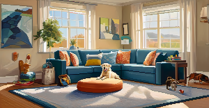 A cozy living room with a pet-proof environment, featuring a dog resting on a rug under warm sunlight.