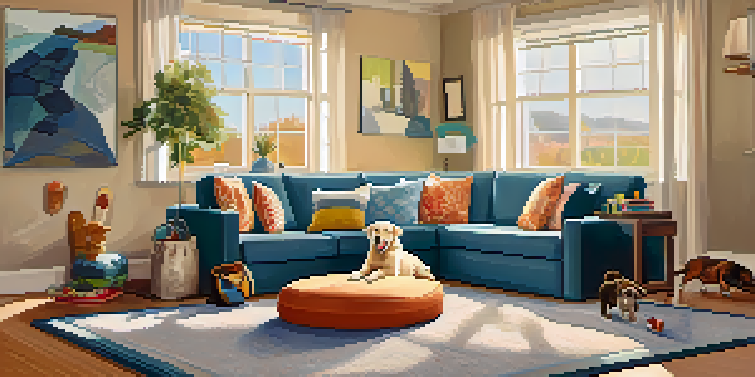 A cozy living room with a pet-proof environment, featuring a dog resting on a rug under warm sunlight.