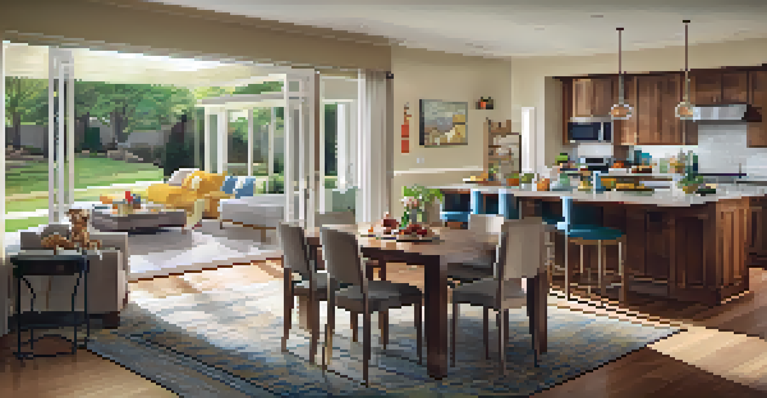 A family room with an open concept design, showing children playing while parents cook, filled with natural light and warm colors.