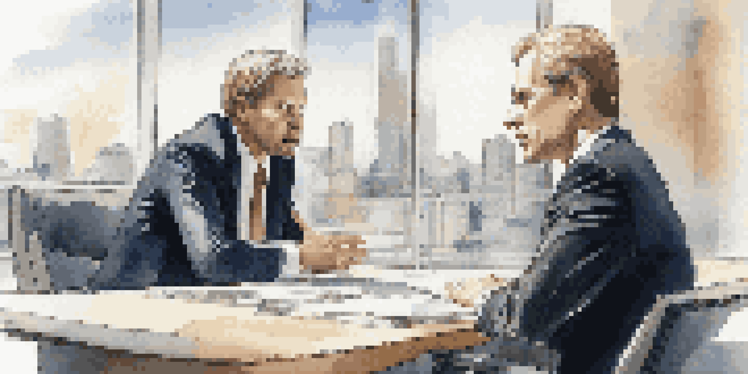 Two business people negotiating at a conference table with a city skyline in the background, showcasing expressions of focus and engagement.