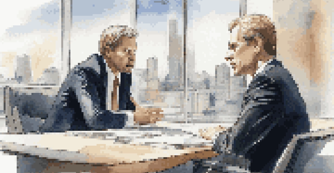 Two business people negotiating at a conference table with a city skyline in the background, showcasing expressions of focus and engagement.