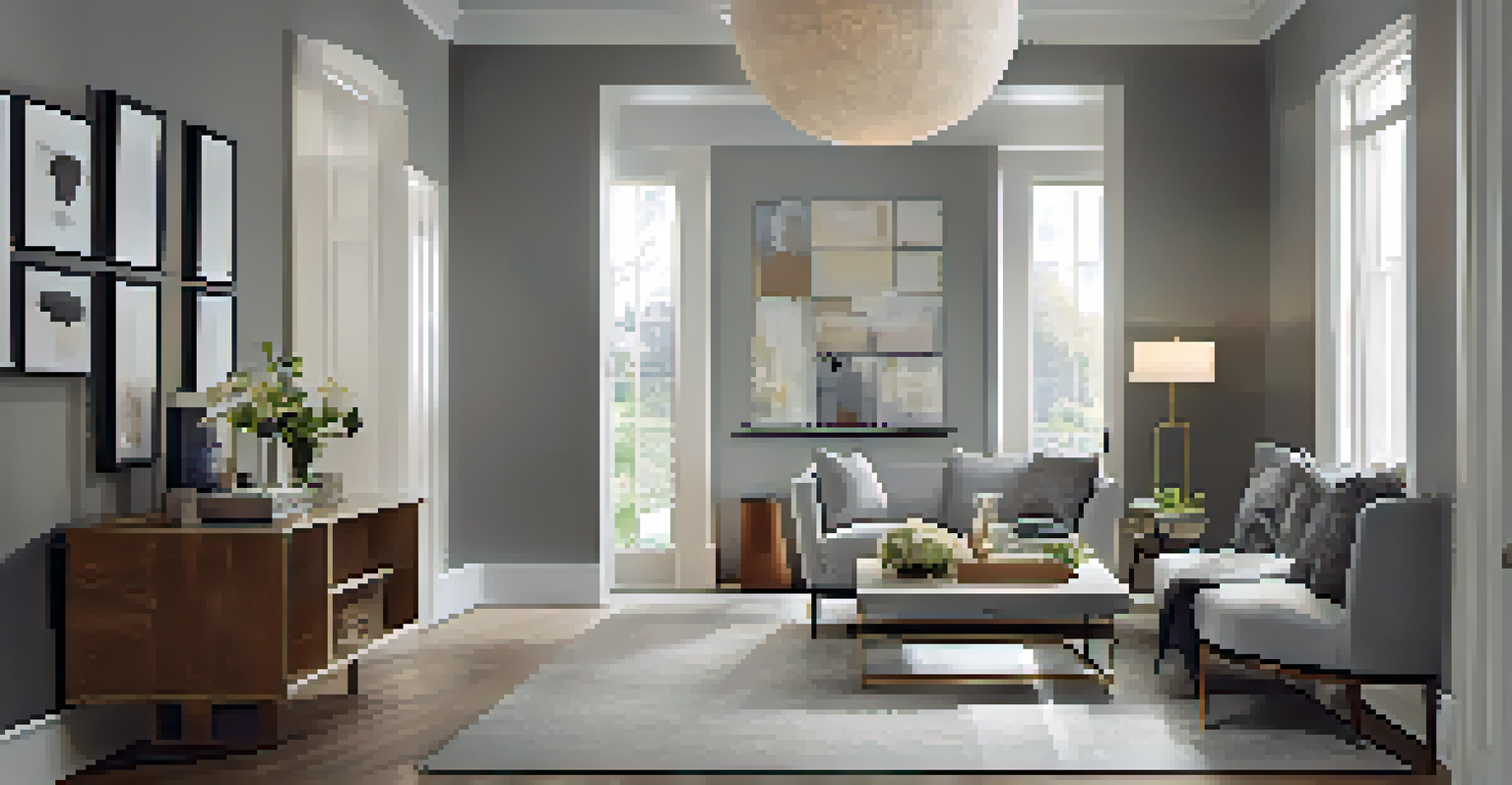 An entryway showcasing layered lighting with ceiling lights, wall sconces, and accent lights on artwork, all in a soft gray setting.