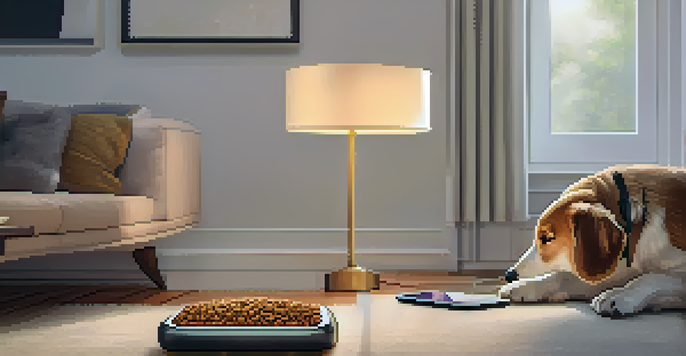 A living room with an automated pet feeder and a dog waiting for its meal.