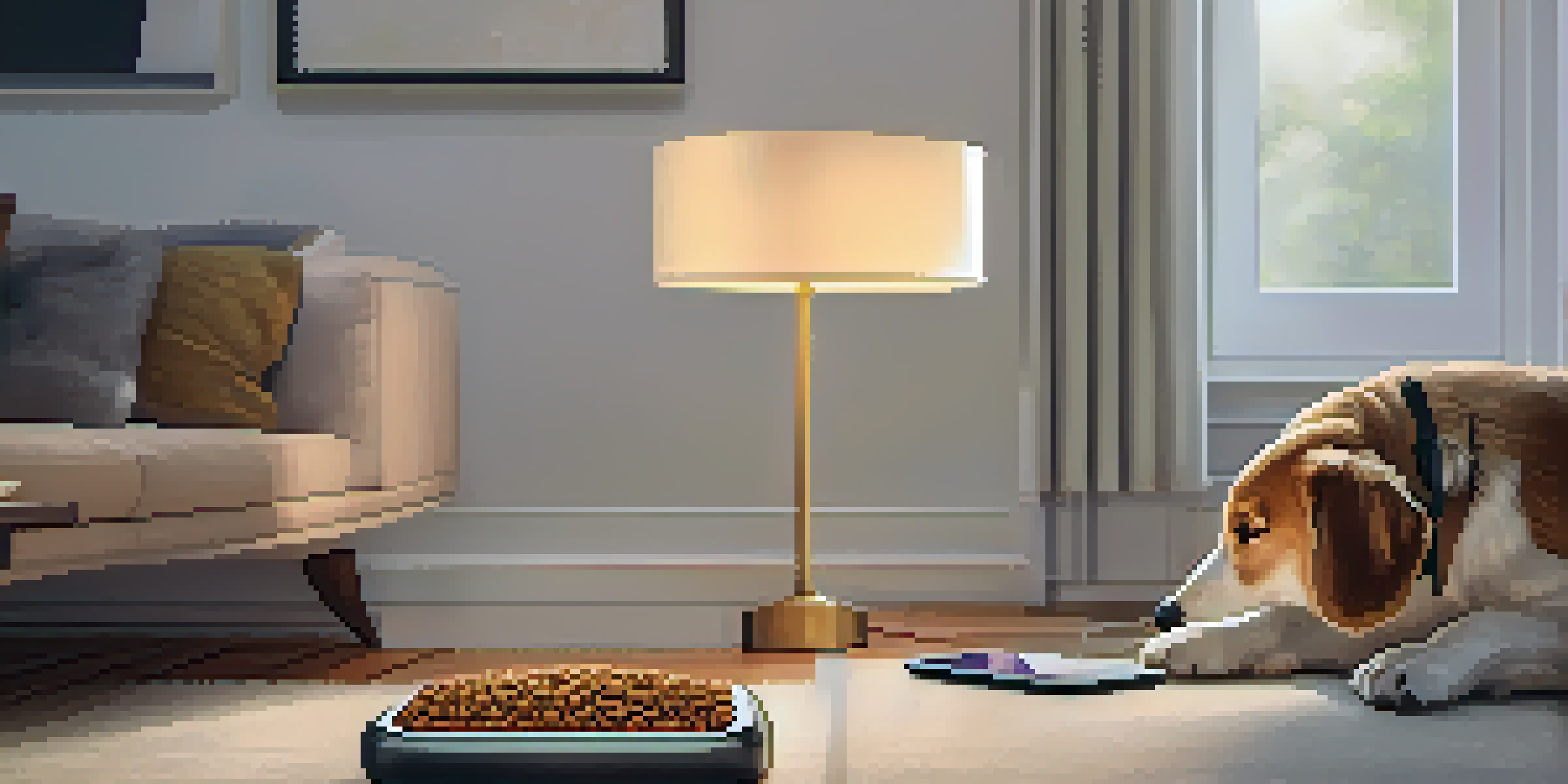 A living room with an automated pet feeder and a dog waiting for its meal.