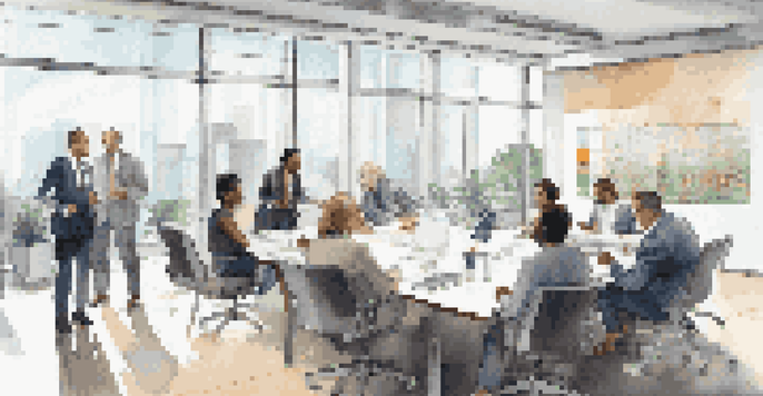 A bright modern office with diverse investors discussing real estate strategies around a large conference table, with a screen showing property statistics.