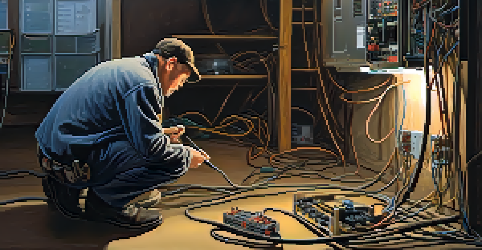 A home inspector crouched in a basement checking outdated electrical wiring with a flashlight.