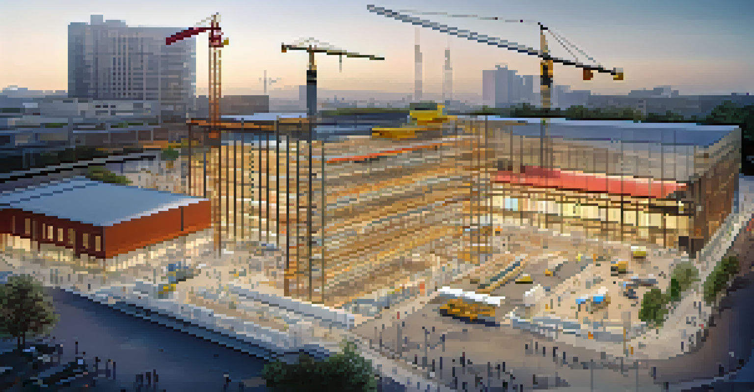 Construction workers collaborating around a digital screen displaying a building model on a busy construction site.