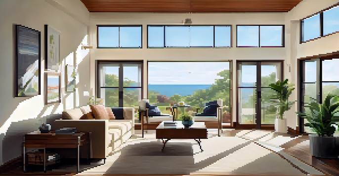 A modern living room with energy-efficient windows and doors, filled with sunlight and cozy furnishings.