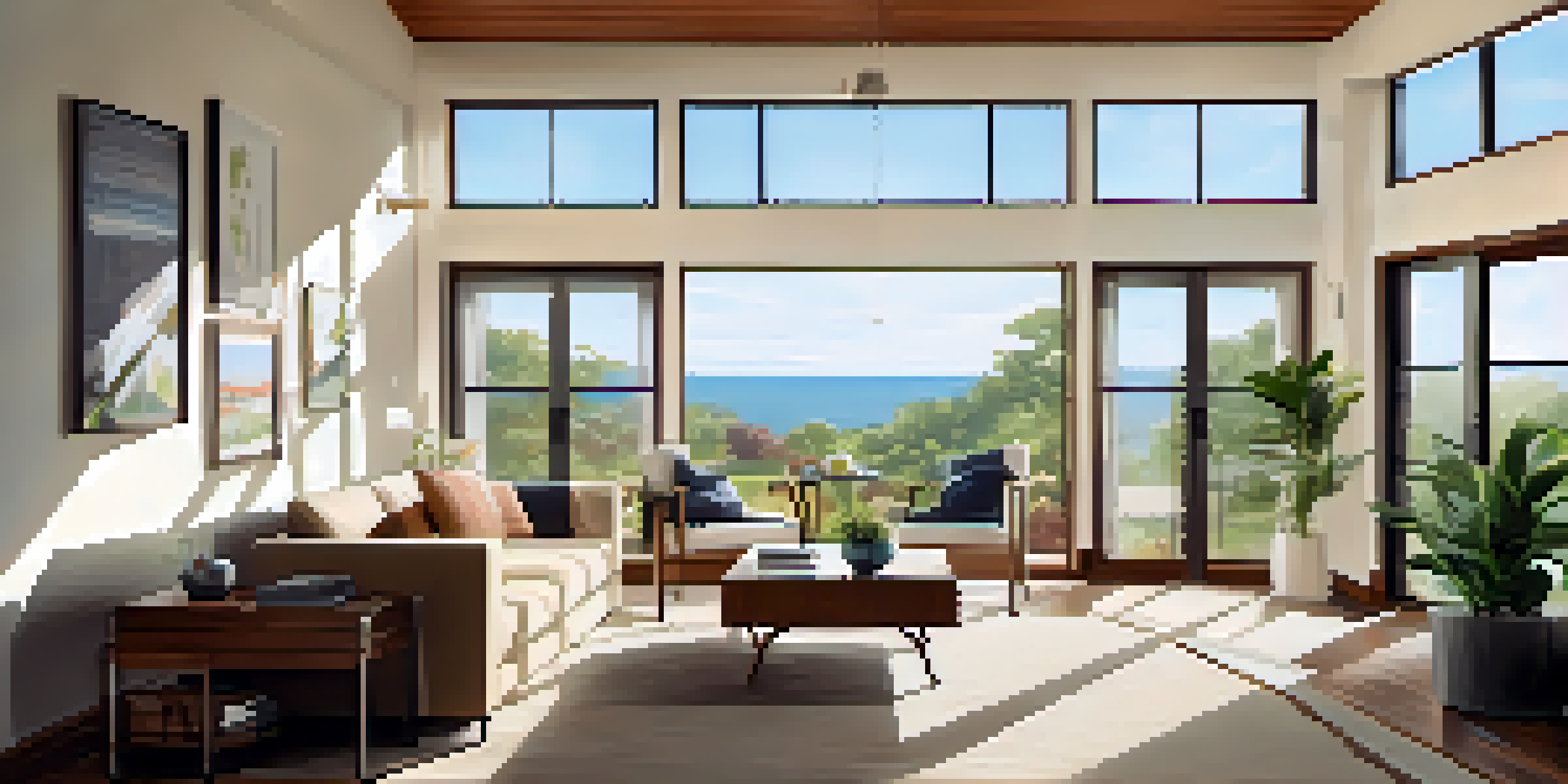 A modern living room with energy-efficient windows and doors, filled with sunlight and cozy furnishings.
