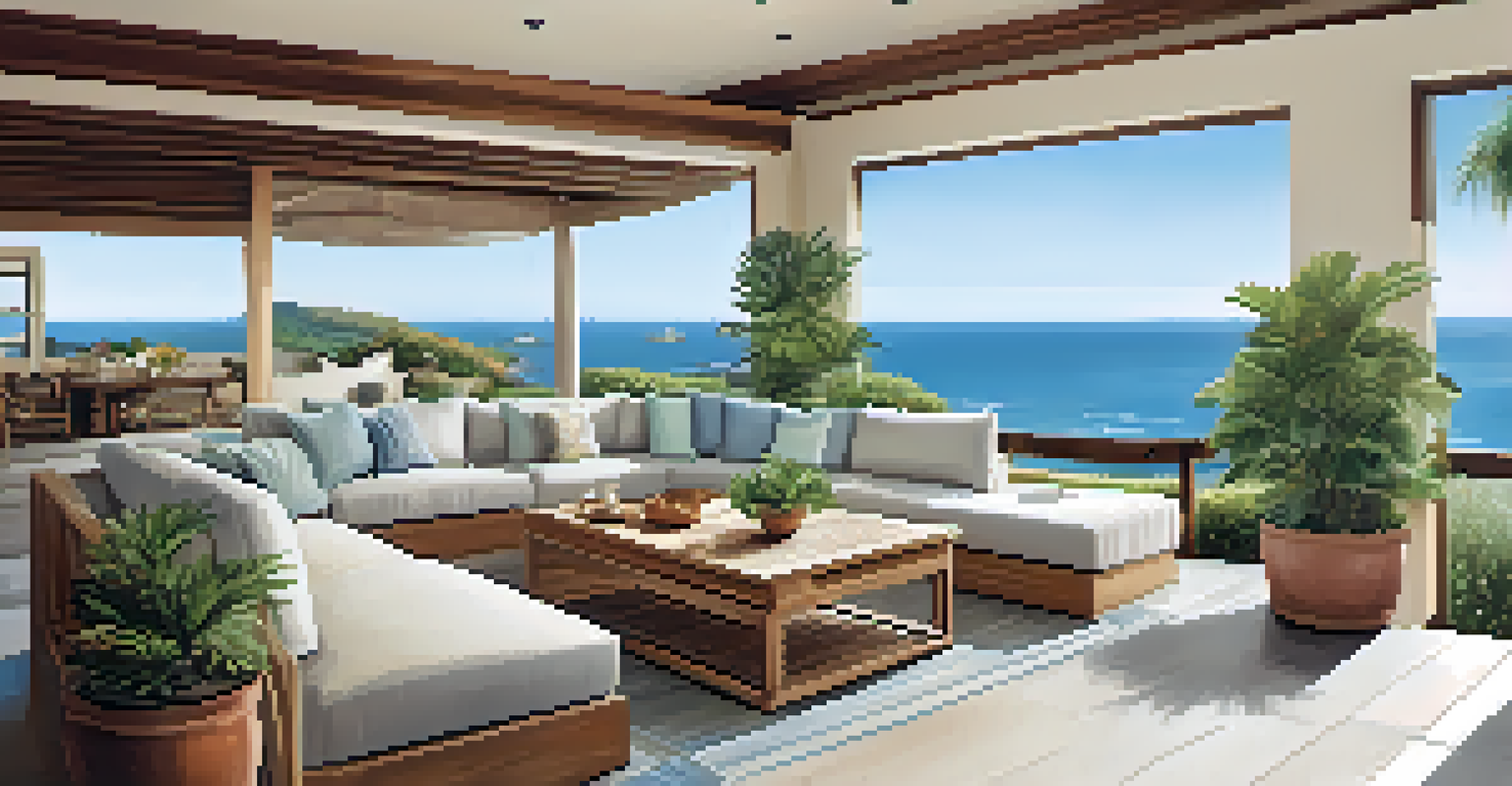 An outdoor patio of a coastal home overlooking the ocean, furnished for relaxation and entertainment.
