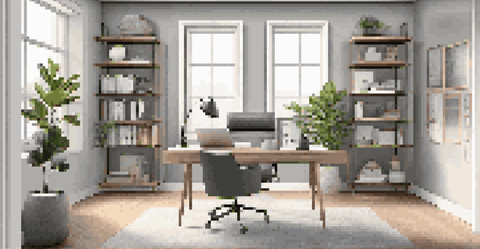 A bright and modern home office with a desk, laptop, and bookshelves, featuring natural light and indoor plants.