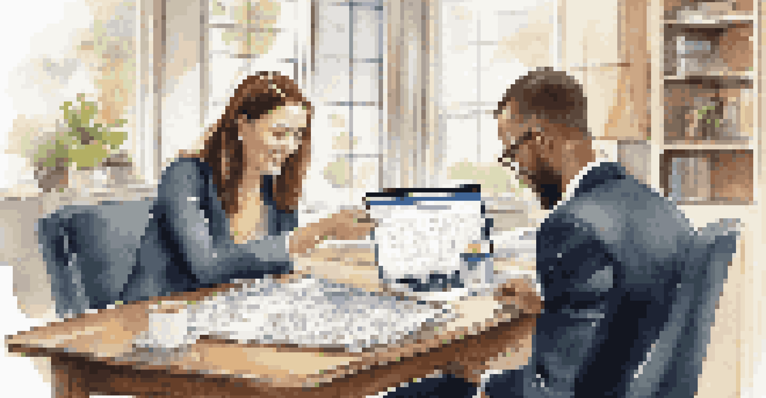 A financial advisor assisting a first-time homebuyer with a laptop showing a closing cost calculator, with documents spread across the table.