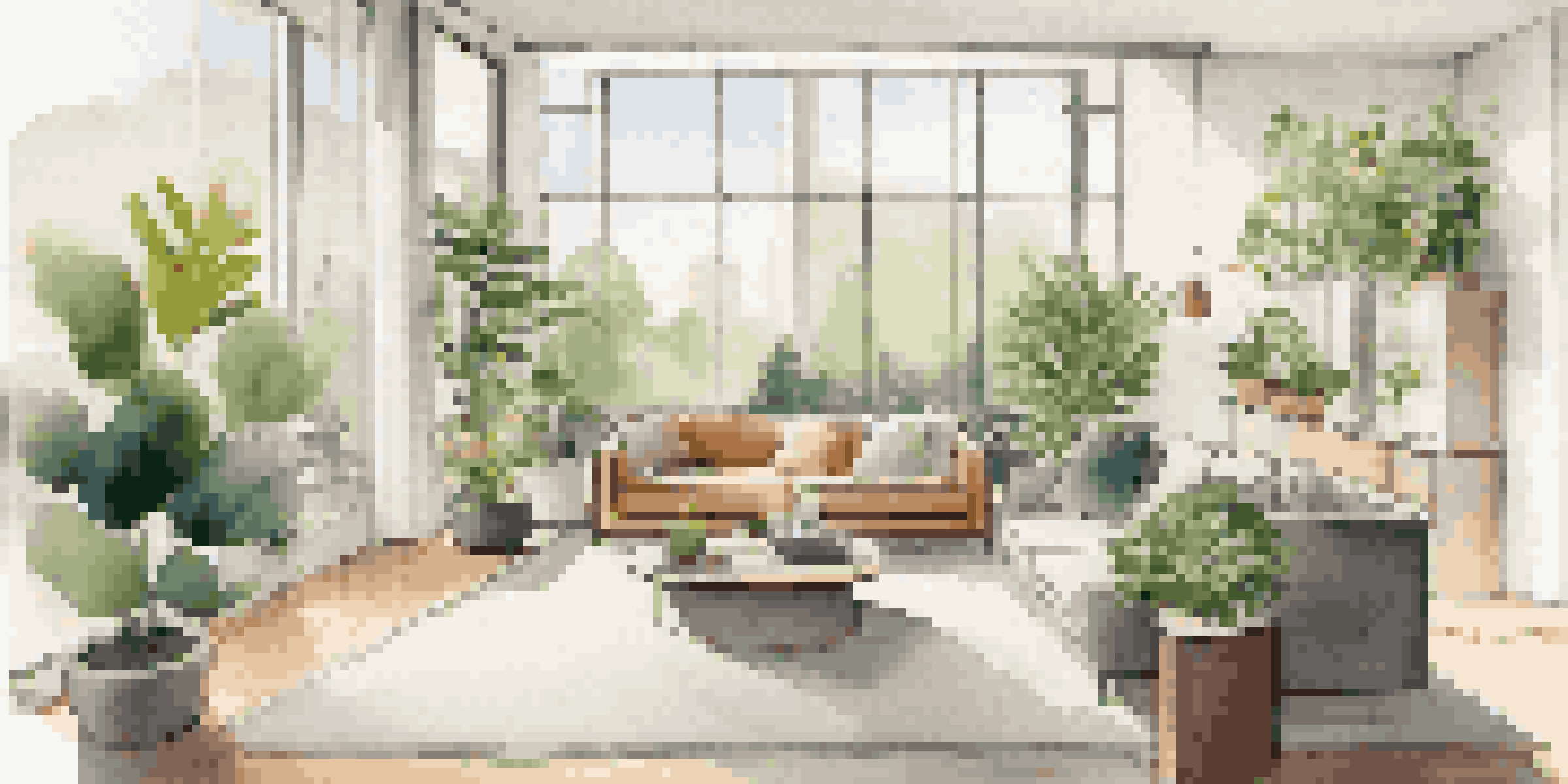 A modern living room with large windows, stylish furniture, and indoor plants, creating a warm and inviting atmosphere.