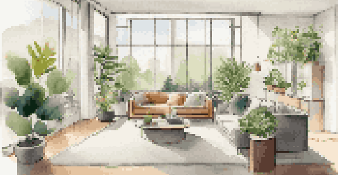 A modern living room with large windows, stylish furniture, and indoor plants, creating a warm and inviting atmosphere.