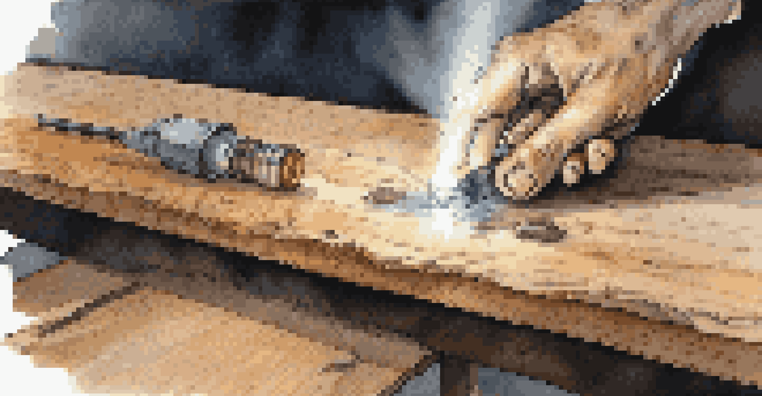 Close-up of a home inspector's hands with a flashlight showing water damage on a wooden beam.