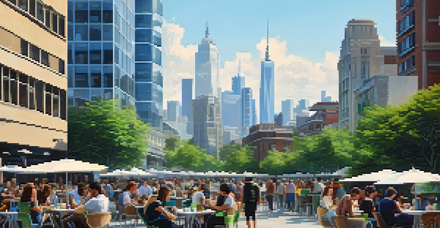 A vibrant urban landscape with people working remotely at outdoor cafes, showcasing a blend of city life and technology.