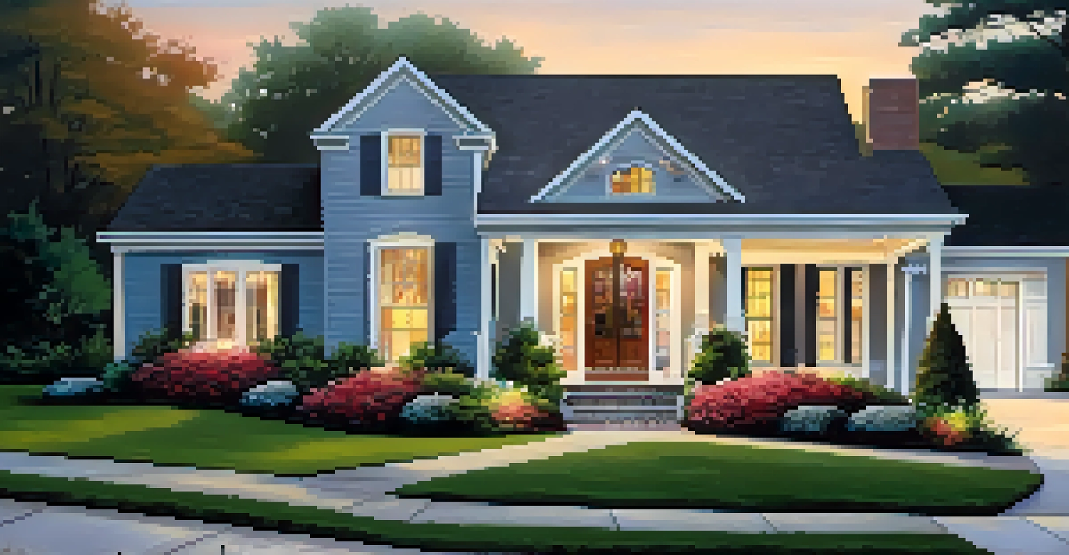A home with attractive curb appeal, featuring a well-kept garden, a freshly painted front door, and outdoor lights illuminating the exterior.