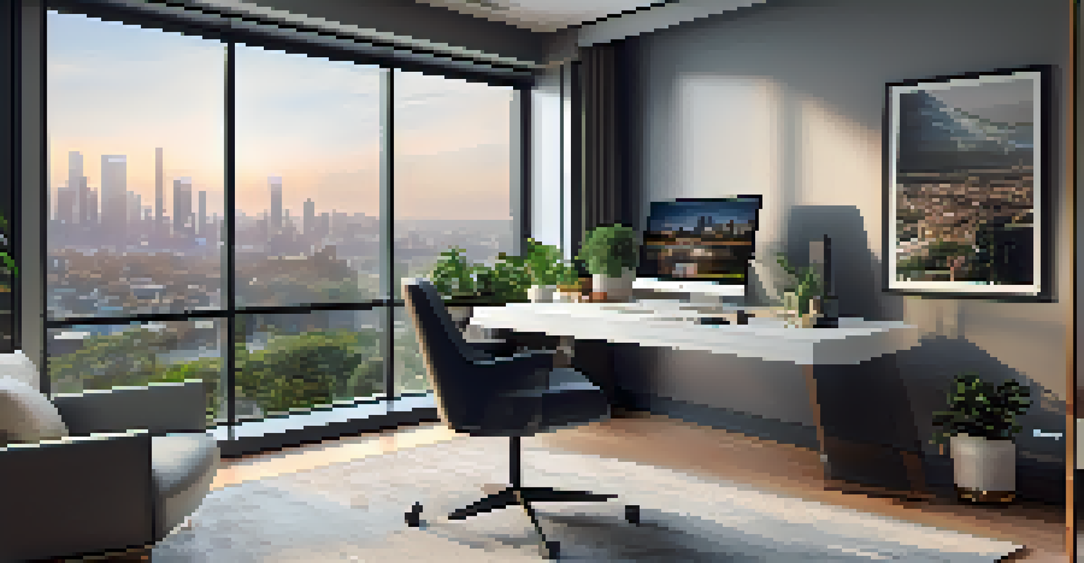 A modern smart home office with ergonomic furniture, technology devices, and a view of a cityscape through a large window.