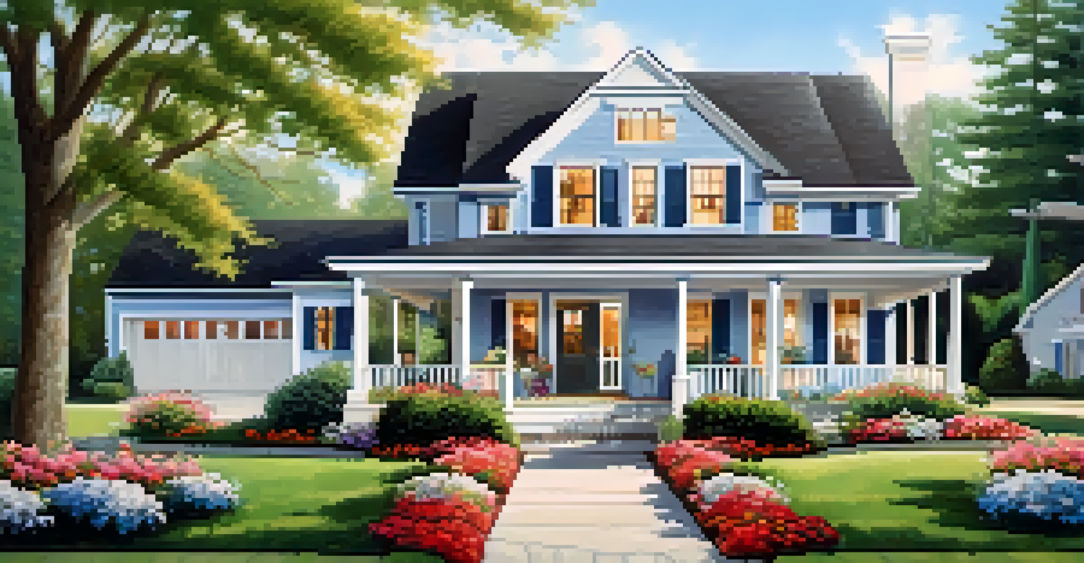 A charming home exterior with colorful flowers and a well-kept lawn.