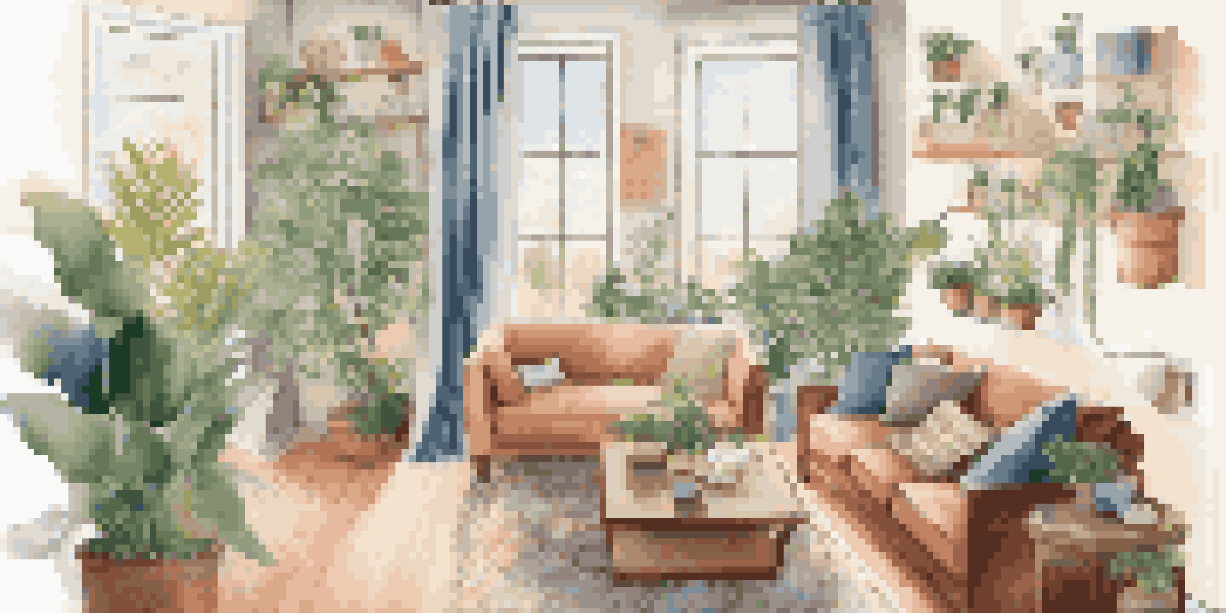 A warm and inviting living room with a sofa, houseplants, and a maintenance checklist on the coffee table, illuminated by natural light.