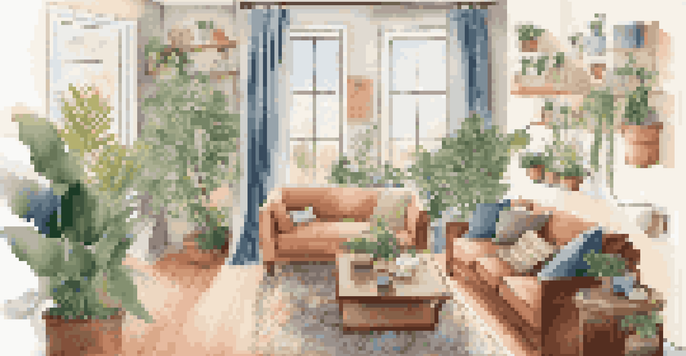 A warm and inviting living room with a sofa, houseplants, and a maintenance checklist on the coffee table, illuminated by natural light.