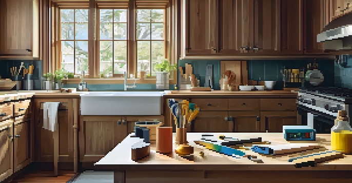 A neatly organized workspace for a DIY kitchen renovation, displaying measuring tools like a tape measure and square on a workbench, with a partially renovated kitchen in the background.