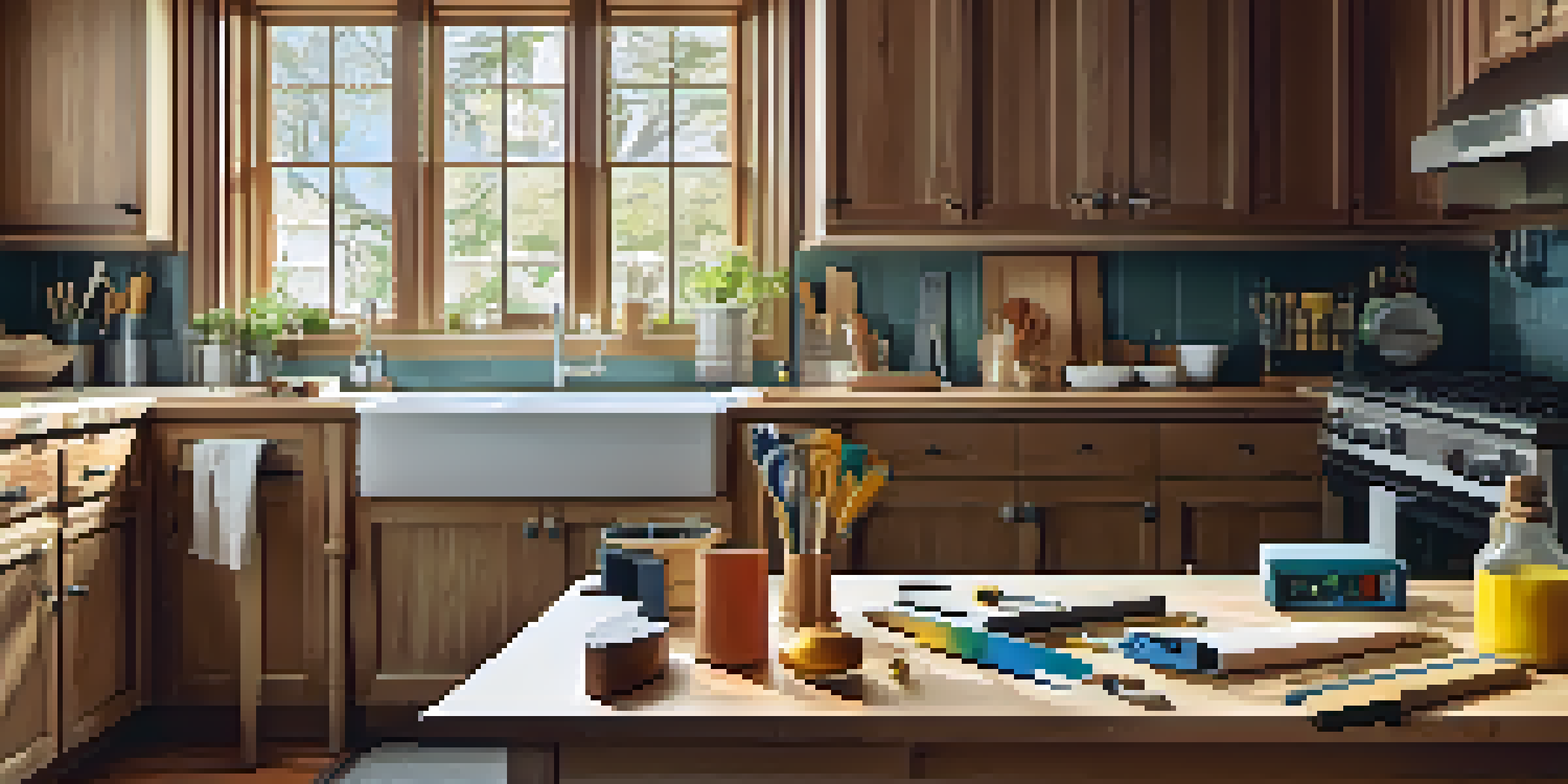A neatly organized workspace for a DIY kitchen renovation, displaying measuring tools like a tape measure and square on a workbench, with a partially renovated kitchen in the background.