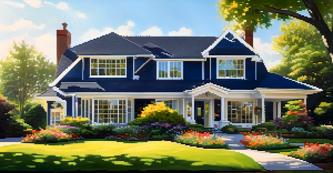 A modern house for sale with a lush lawn, bright flowers, and a clear sky, featuring a 'For Sale' sign in front.