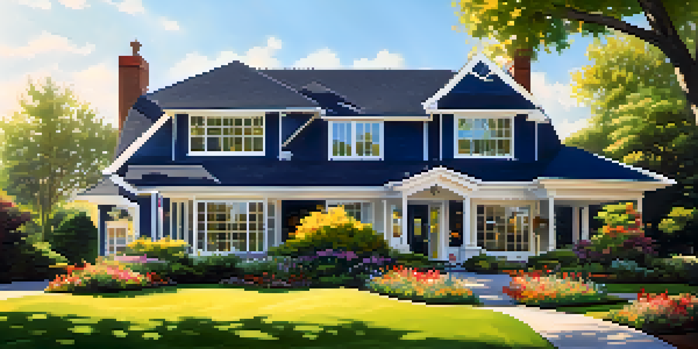 A modern house for sale with a lush lawn, bright flowers, and a clear sky, featuring a 'For Sale' sign in front.