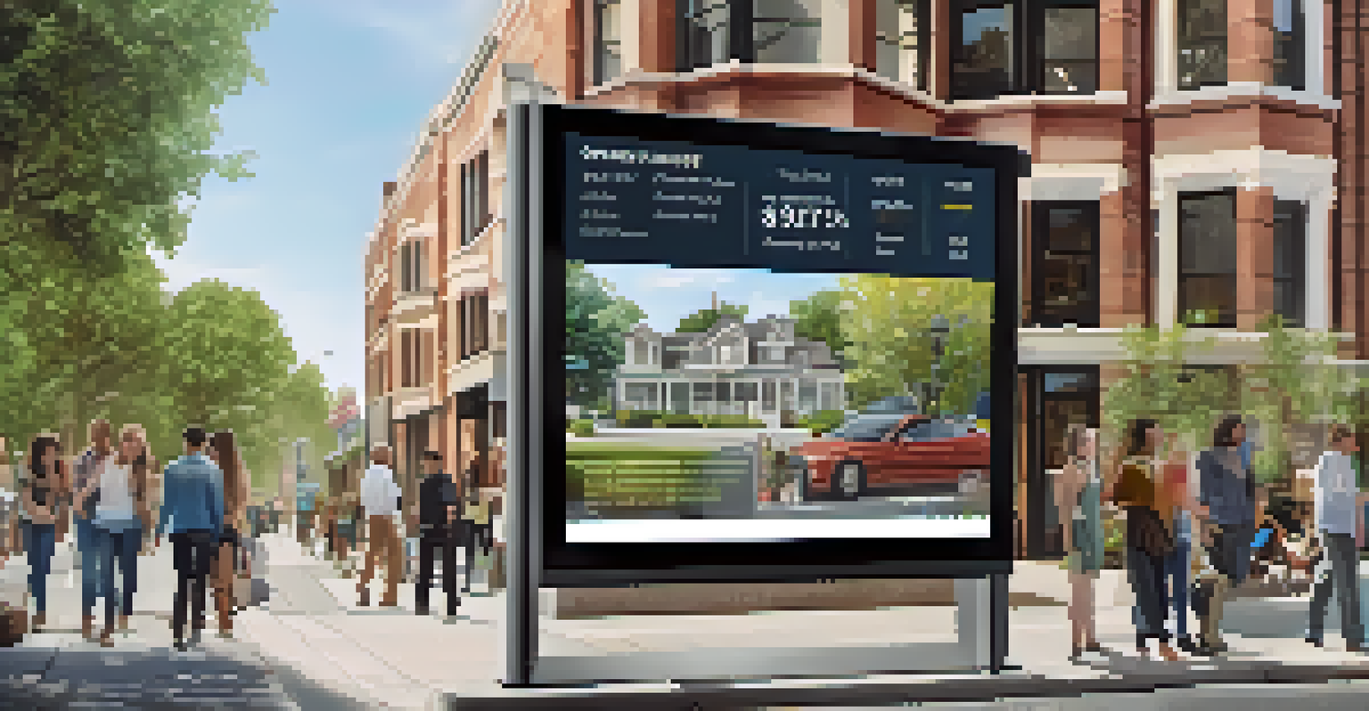 A glowing digital signage board promoting an open house, featuring property details and a modern design, set in a bustling street scene.