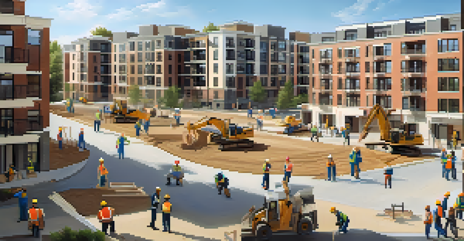 Construction workers collaborating on a new residential development while local residents observe and discuss the project in a neighborhood setting.