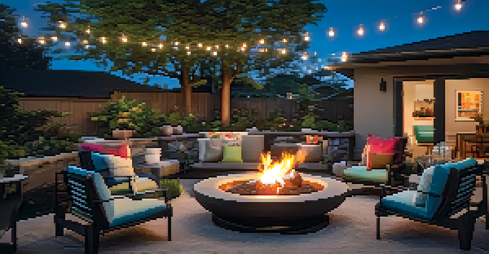 An outdoor space with a modern fire pit, stylish seating, and colorful cushions, illuminated by string lights in the evening sky.