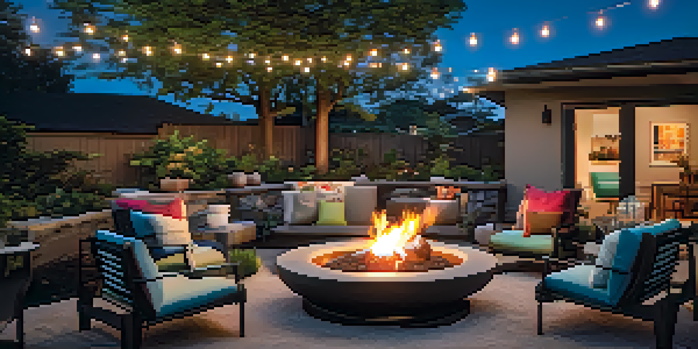 An outdoor space with a modern fire pit, stylish seating, and colorful cushions, illuminated by string lights in the evening sky.