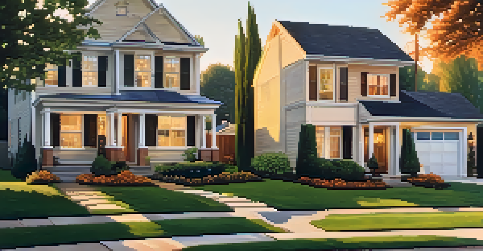A suburban street at sunset with homes showcasing stylish deadbolt locks on their doors, surrounded by green lawns and trees.