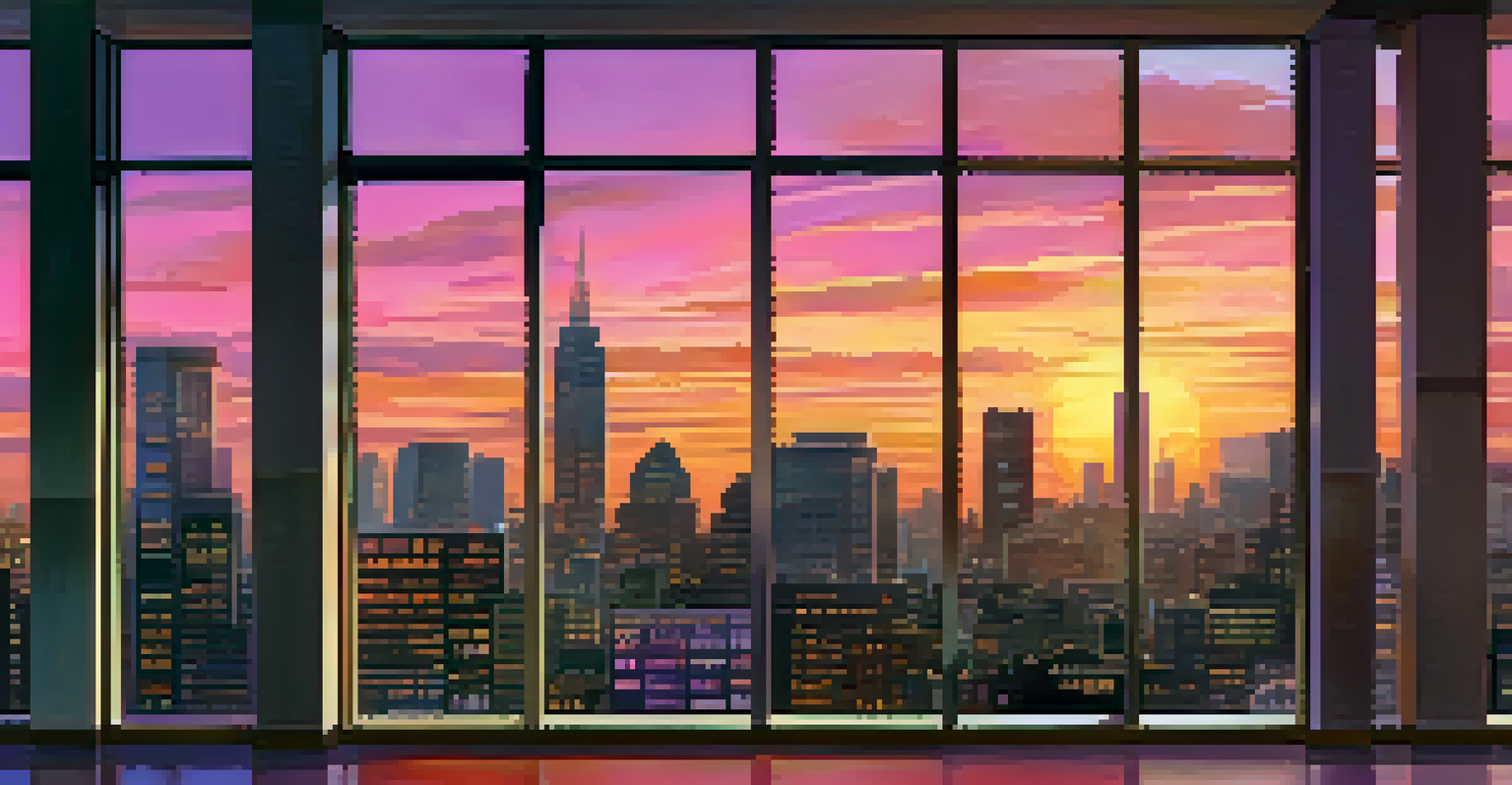 A colorful sunset over a city skyline with skyscrapers and historic buildings reflecting the vibrant colors in the sky.
