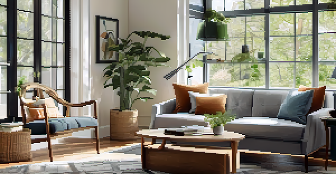 A cozy modern living room with a tenant reading a lease agreement, bright and inviting ambiance with natural light.