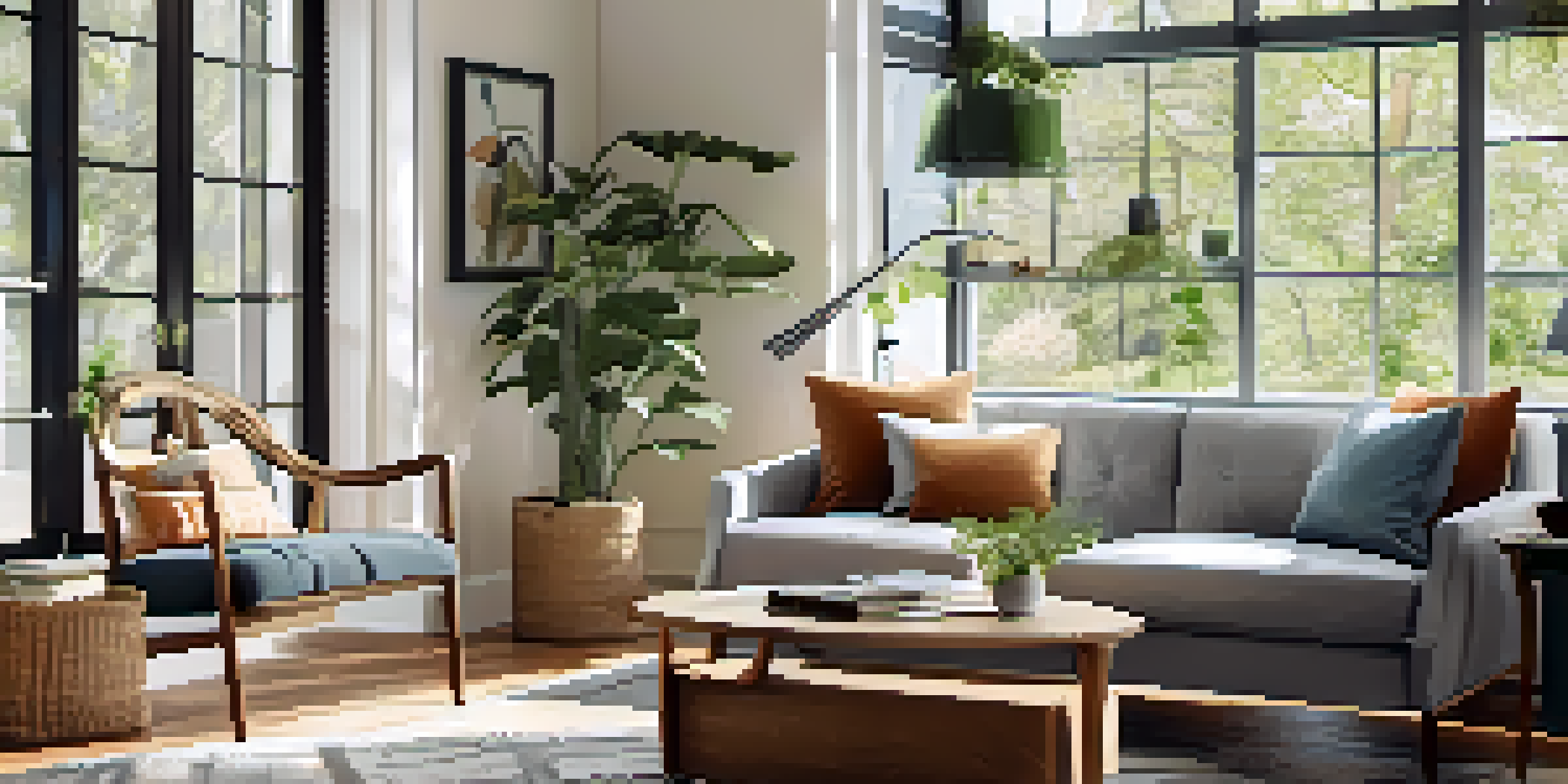 A cozy modern living room with a tenant reading a lease agreement, bright and inviting ambiance with natural light.