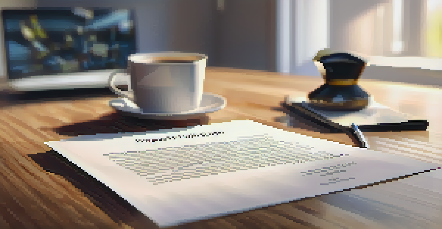 A close-up of a legal document about property rights on a wooden desk with a pen and coffee cup.