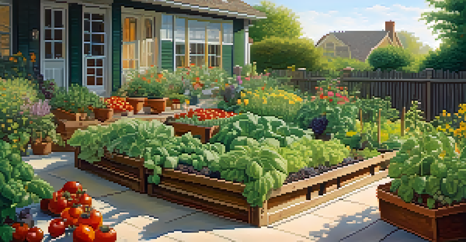 A backyard edible landscape with fruits, vegetables, and ornamental flowers, illuminated by soft afternoon light.