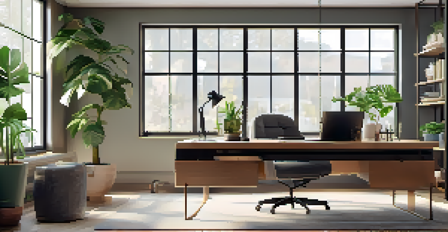 A stylish home office interior with a desk, laptop, and natural light, emphasizing a comfortable remote work environment.