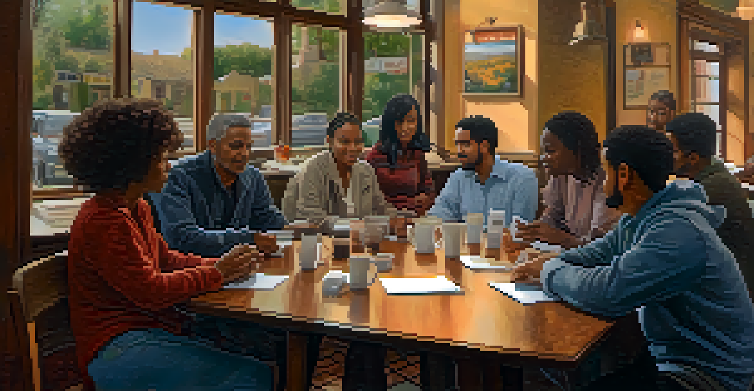 A community meeting in a café with residents discussing their neighborhood, surrounded by warm lighting and a cozy setting.