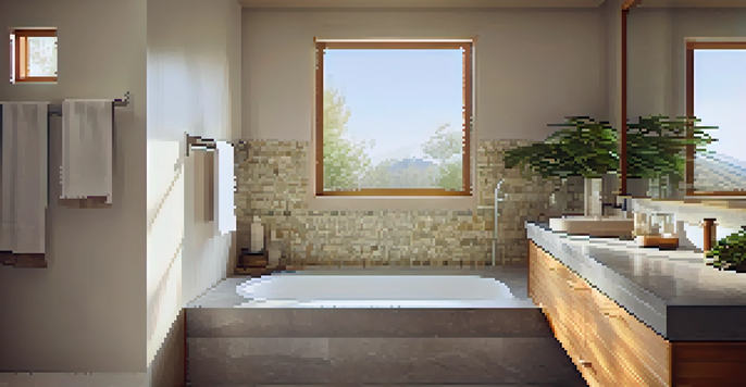 A peaceful bathroom with bamboo cabinetry and recycled glass tiles, illuminated by soft sunlight through a frosted window.