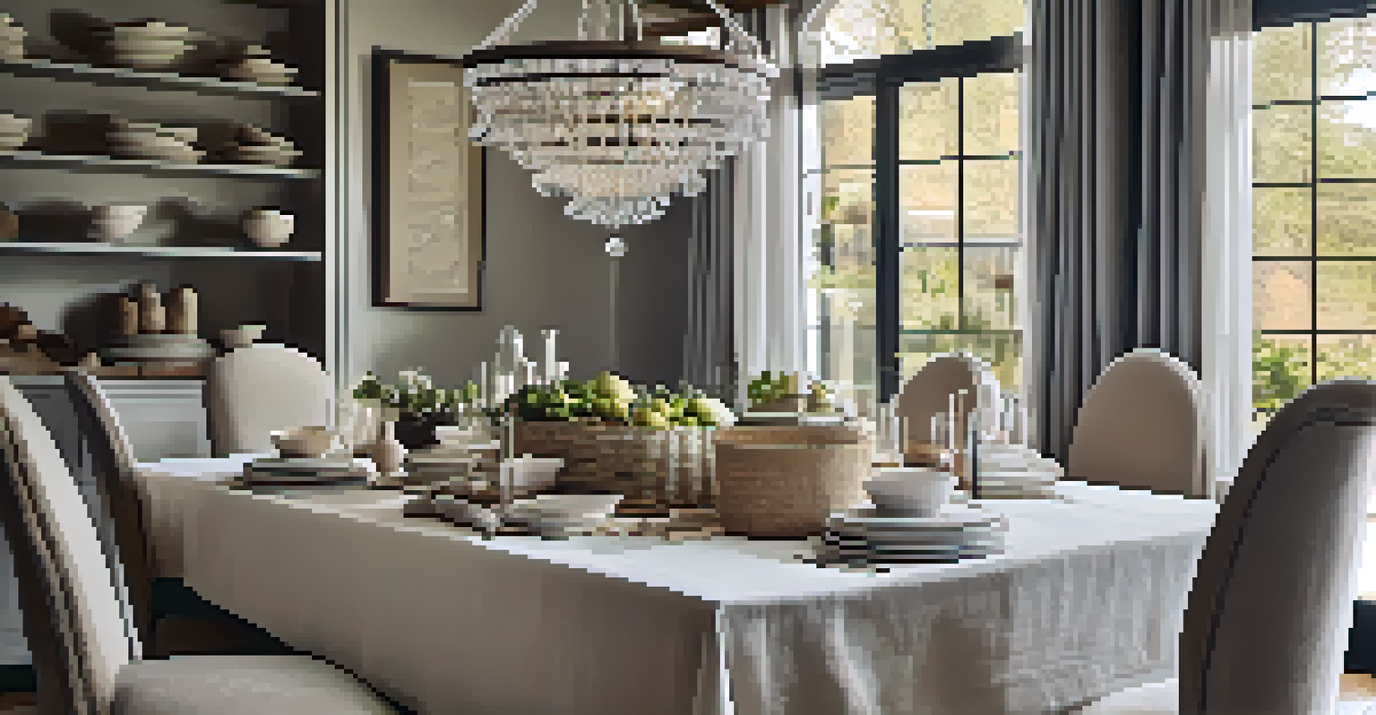 An elegant dining area featuring a stylish table setting with decorative bowls and soft textiles under a chandelier.