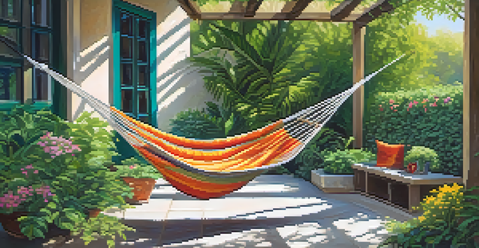 A peaceful outdoor area with a hammock among trees, colorful flowers, and sunlight creating a calming atmosphere.