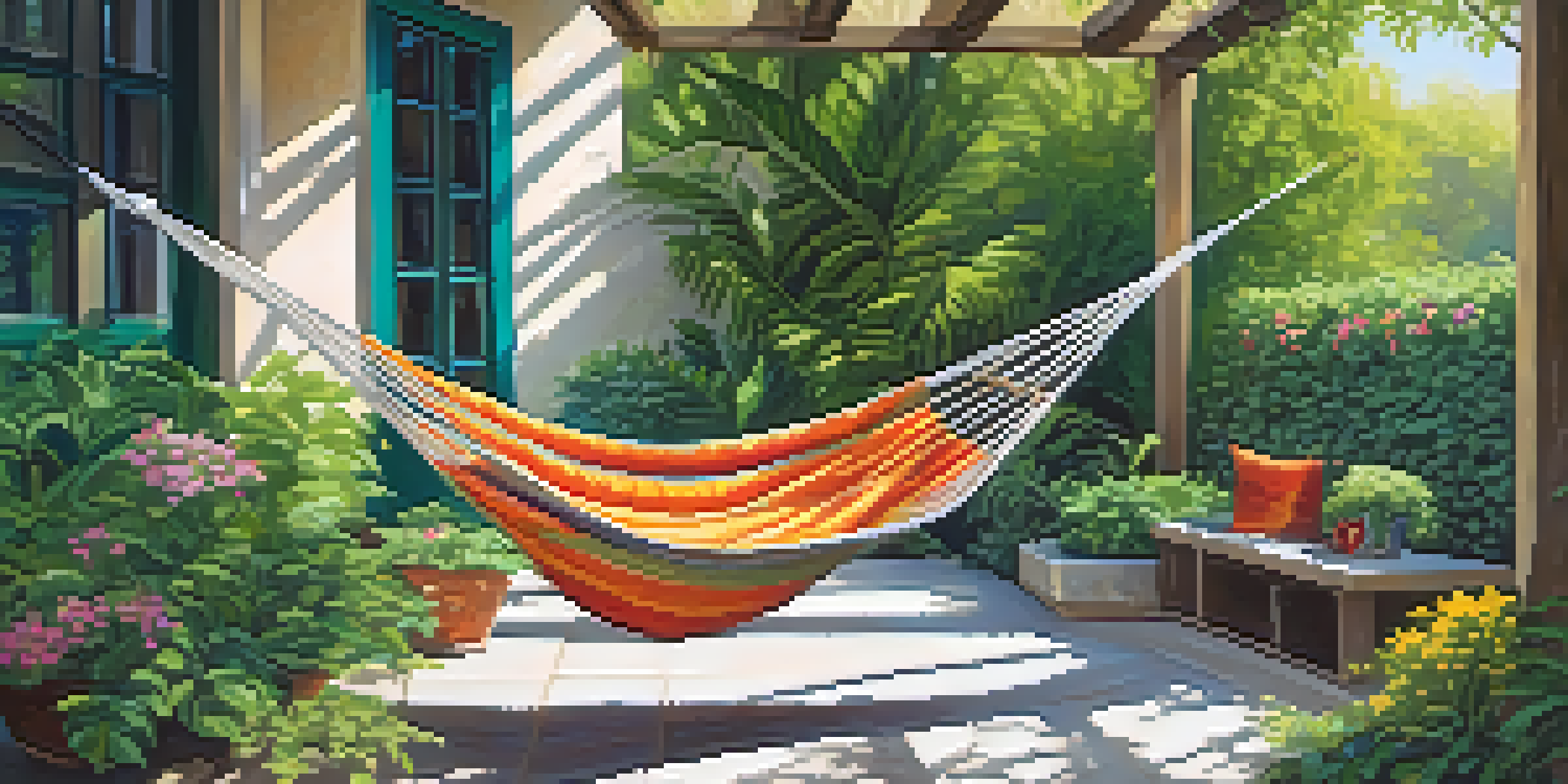 A peaceful outdoor area with a hammock among trees, colorful flowers, and sunlight creating a calming atmosphere.